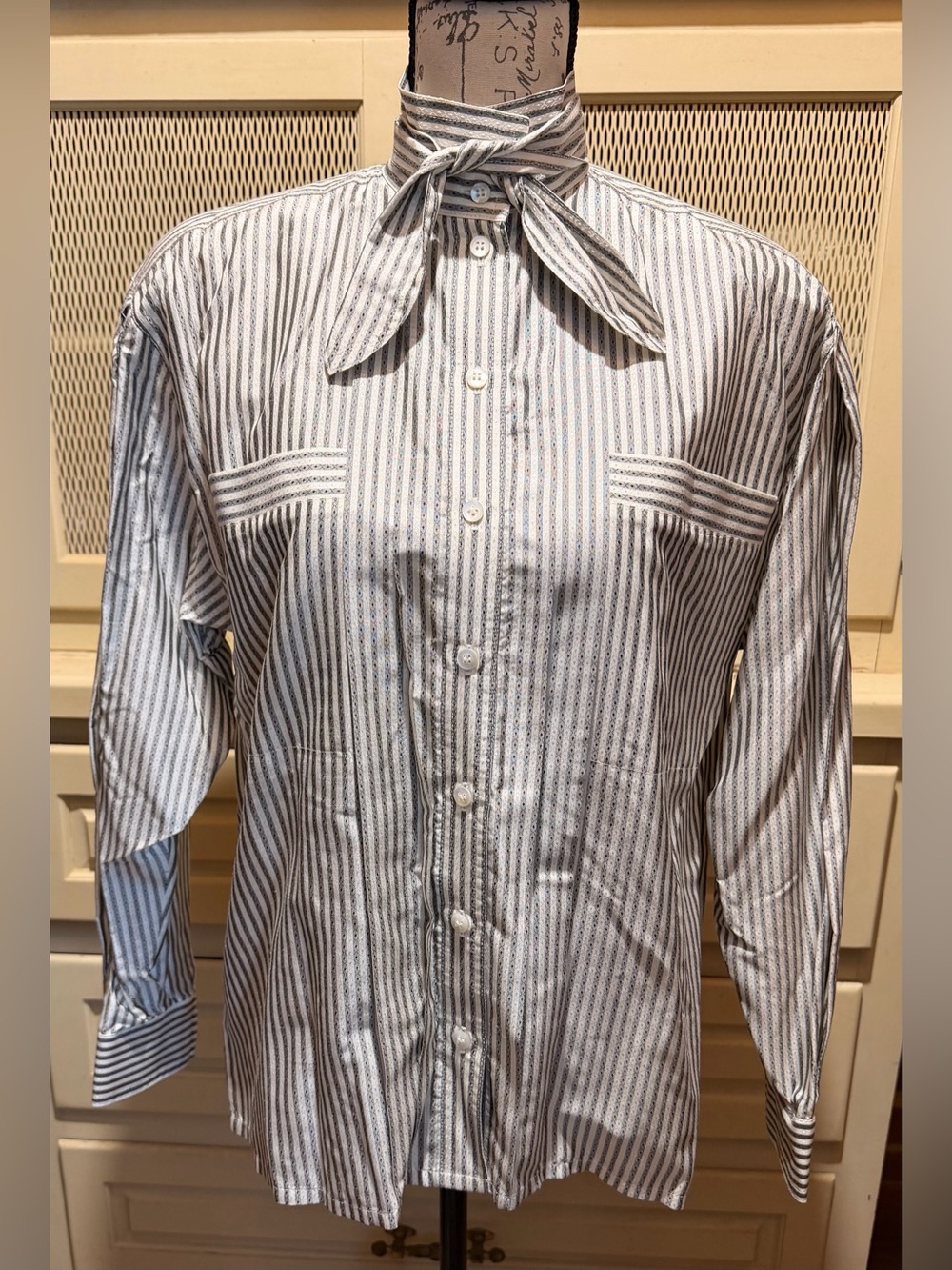 VTG Escada Margaretha Ley 100% Silk Striped Tie Neck Blouse